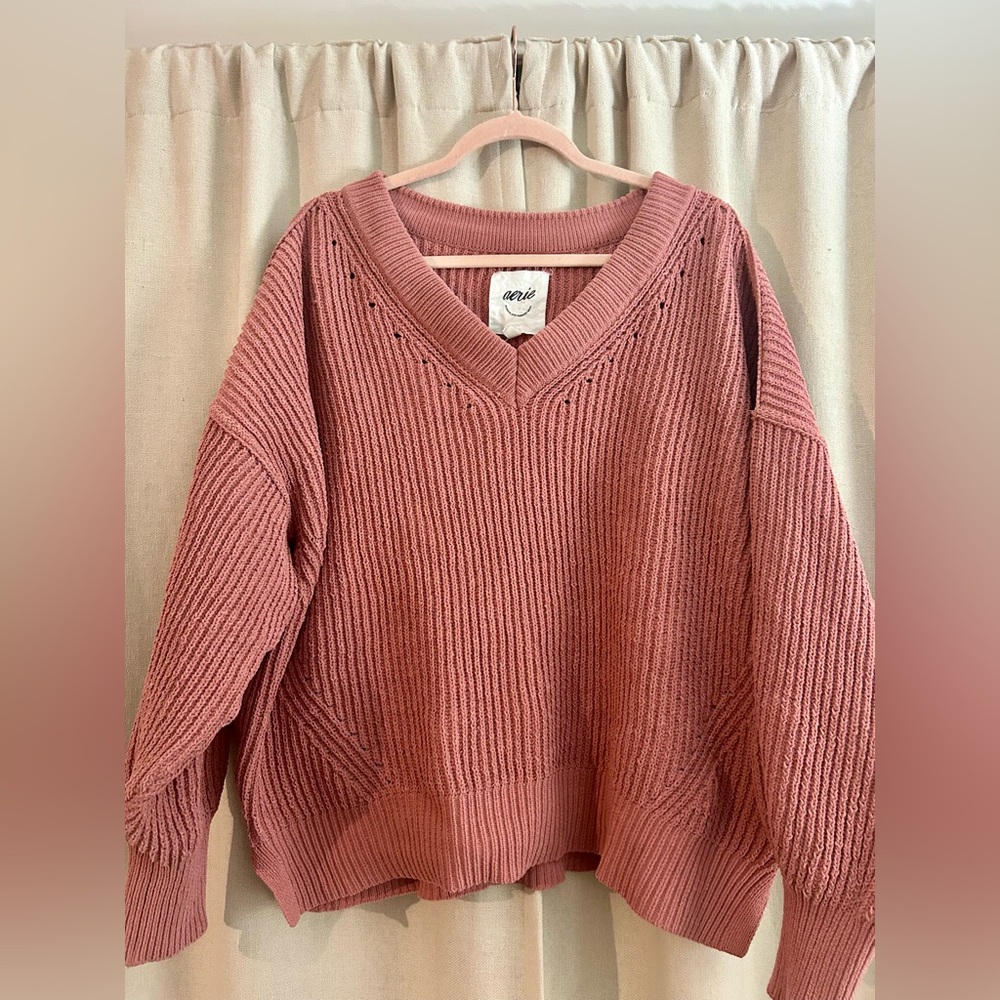 Aerie V Neck Chenille Oversized Pullover Sweater Sz L Large